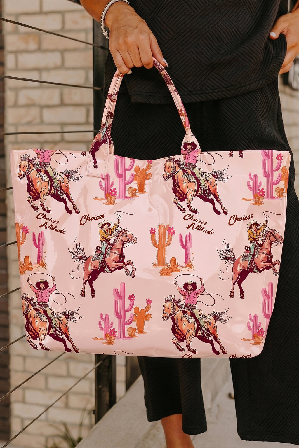 Light pink glossy vinyl tote bag with cowboy western pattern