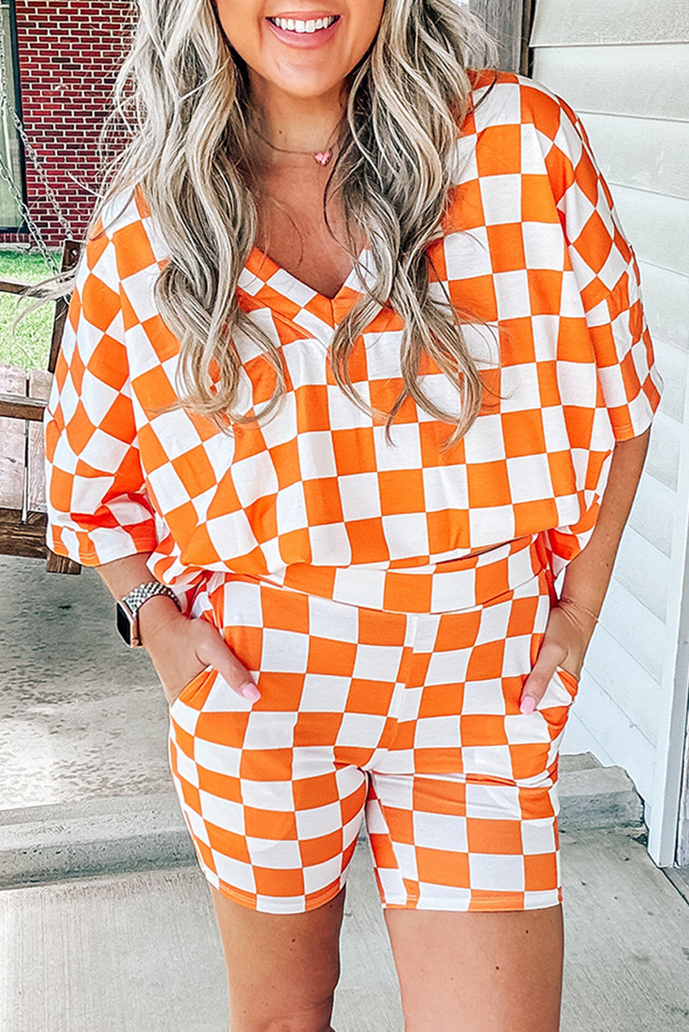 Orange Checkerboard Print Tee & Shorts Set