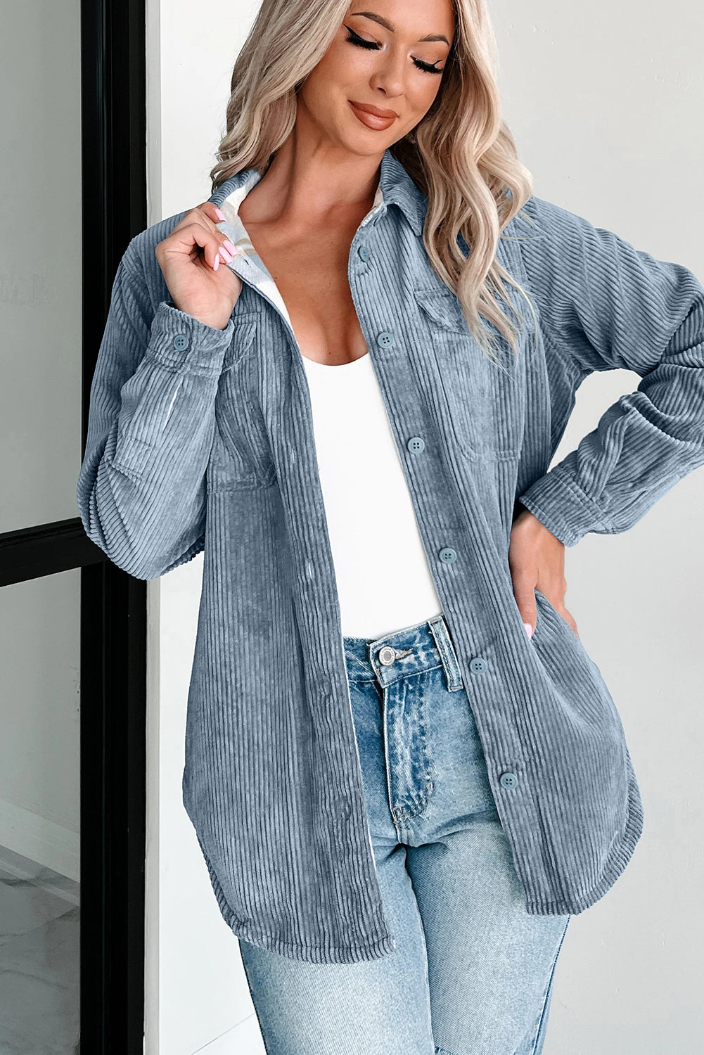 Stone Blue Plaid Corduroy Reversible Button Up Shacket Dear-Lover Dropshipping