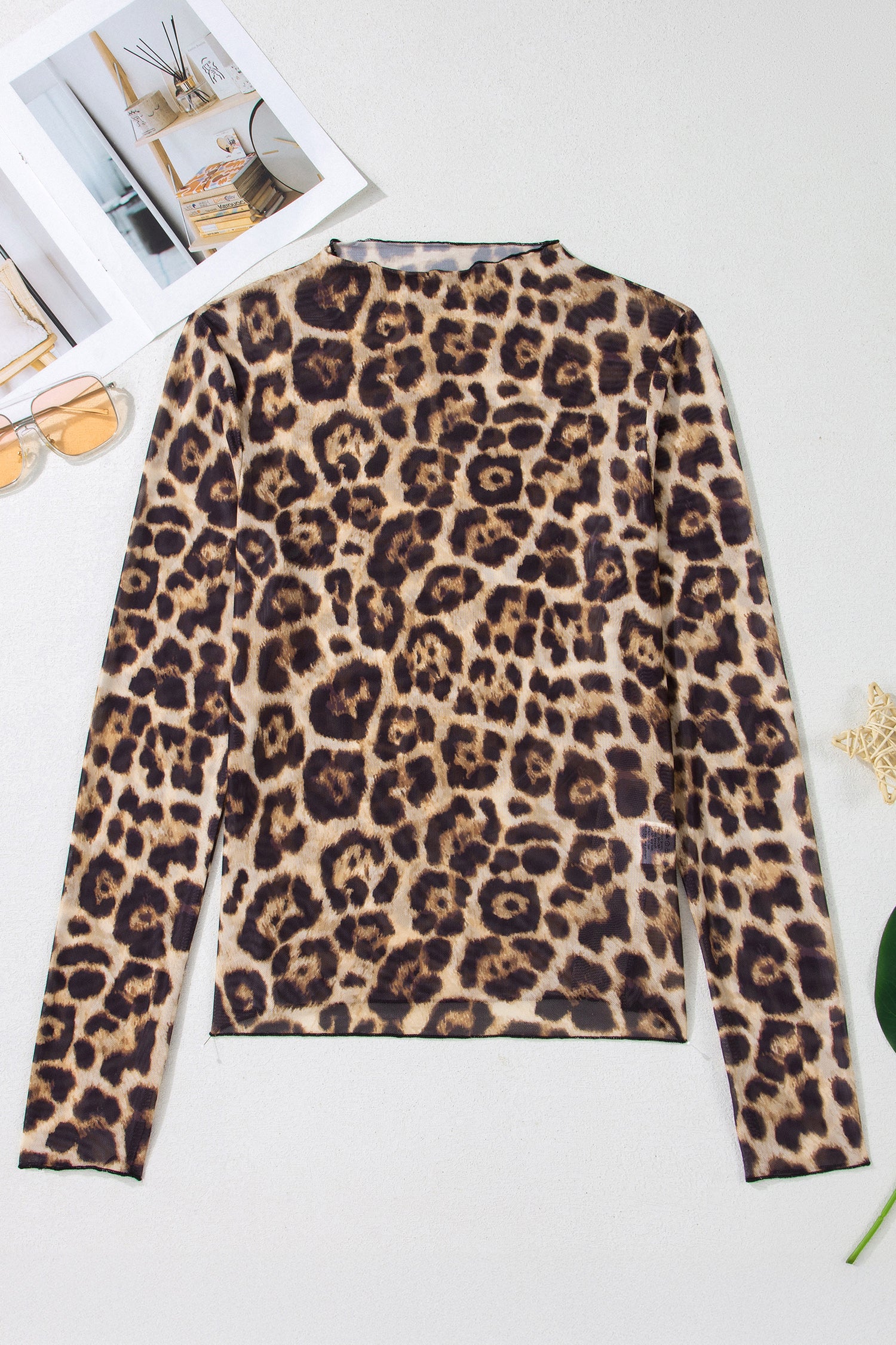 Smoke Gray Floral Print Slim Fit Mesh Long Sleeve Mock Neck Top