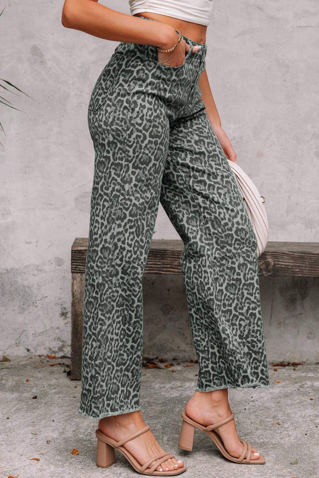 Brown leopard wide leg jeans, view 9