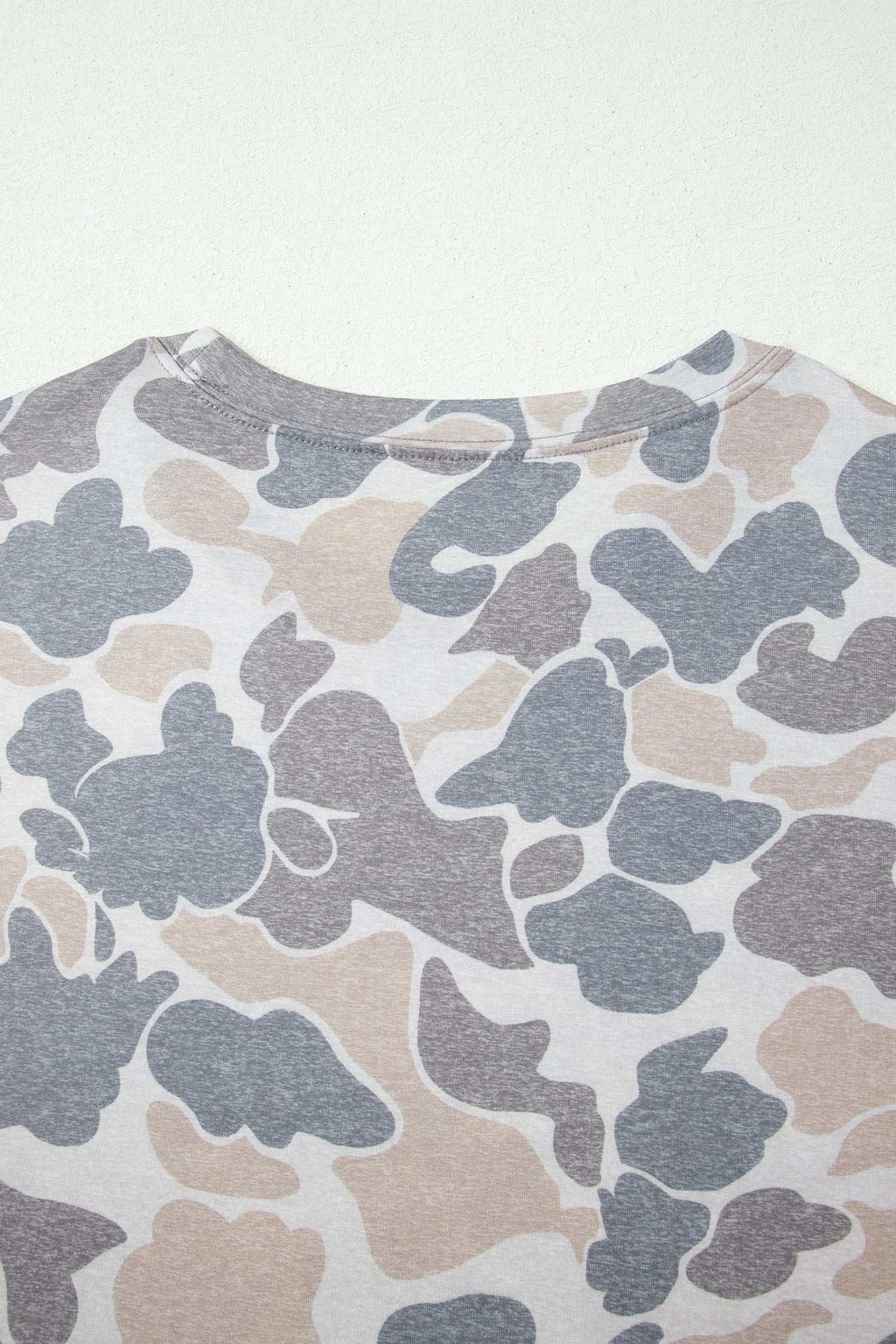 Retro Camo Print casual tee with oversized fit in soft fabric and abstract beige, gray, and taupe camouflage pattern.