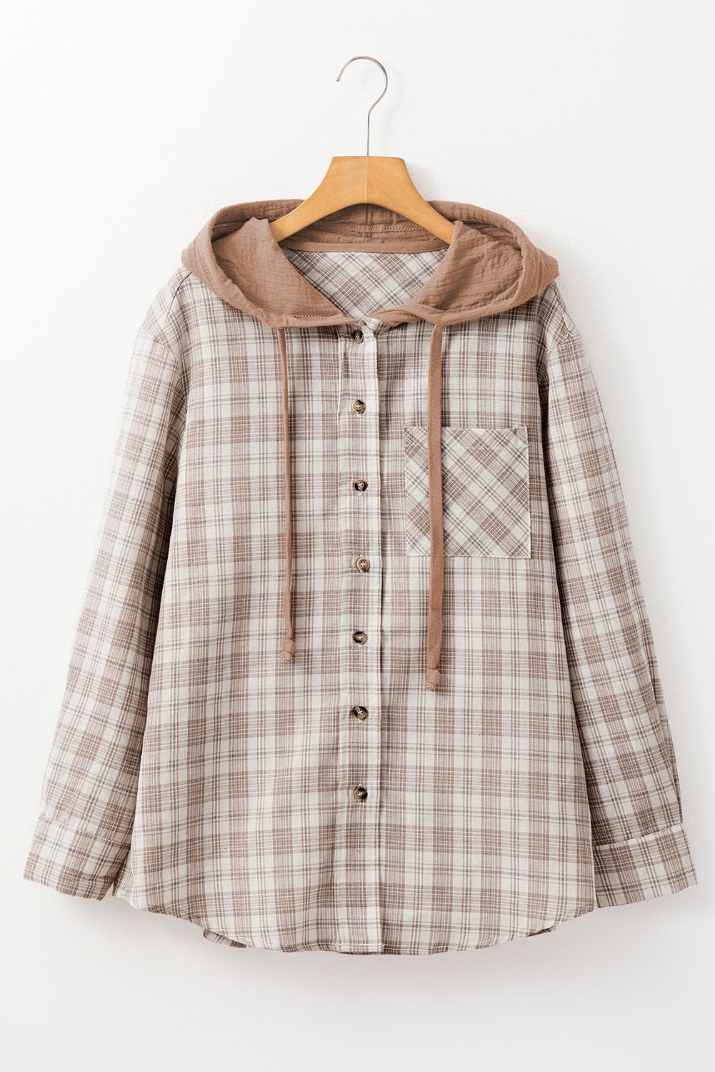 Khaki Checkered Print Loose Fit Buttoned Hooded Shacket Dear-Lover Dropshipping