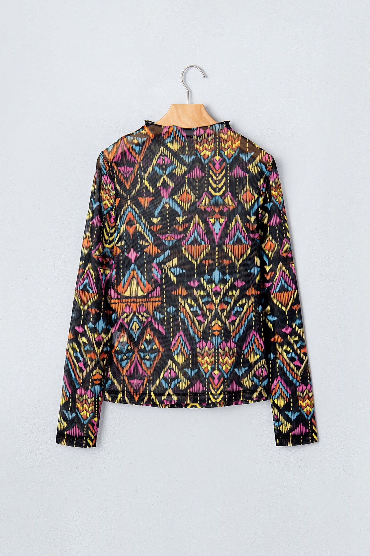 Black Abstract Print Stand Neck Mesh Top