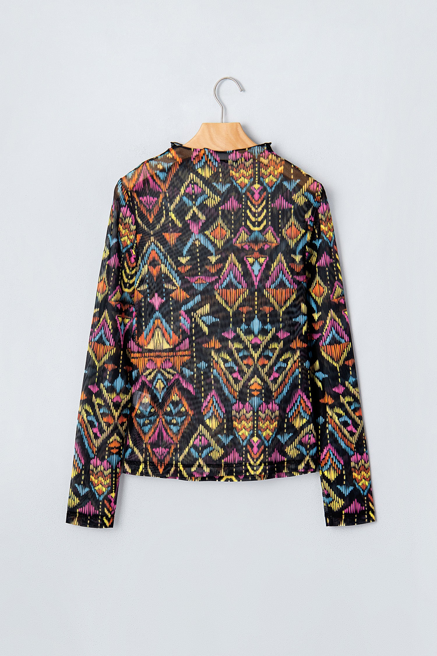 Black Abstract Print Stand Neck Mesh Top