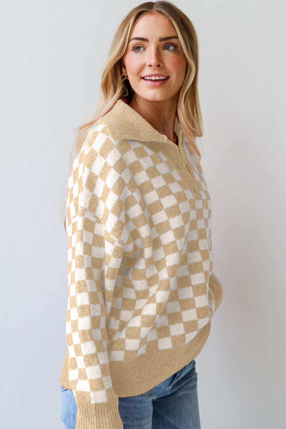 Apricot Checkered Collared V-Neck Sweater