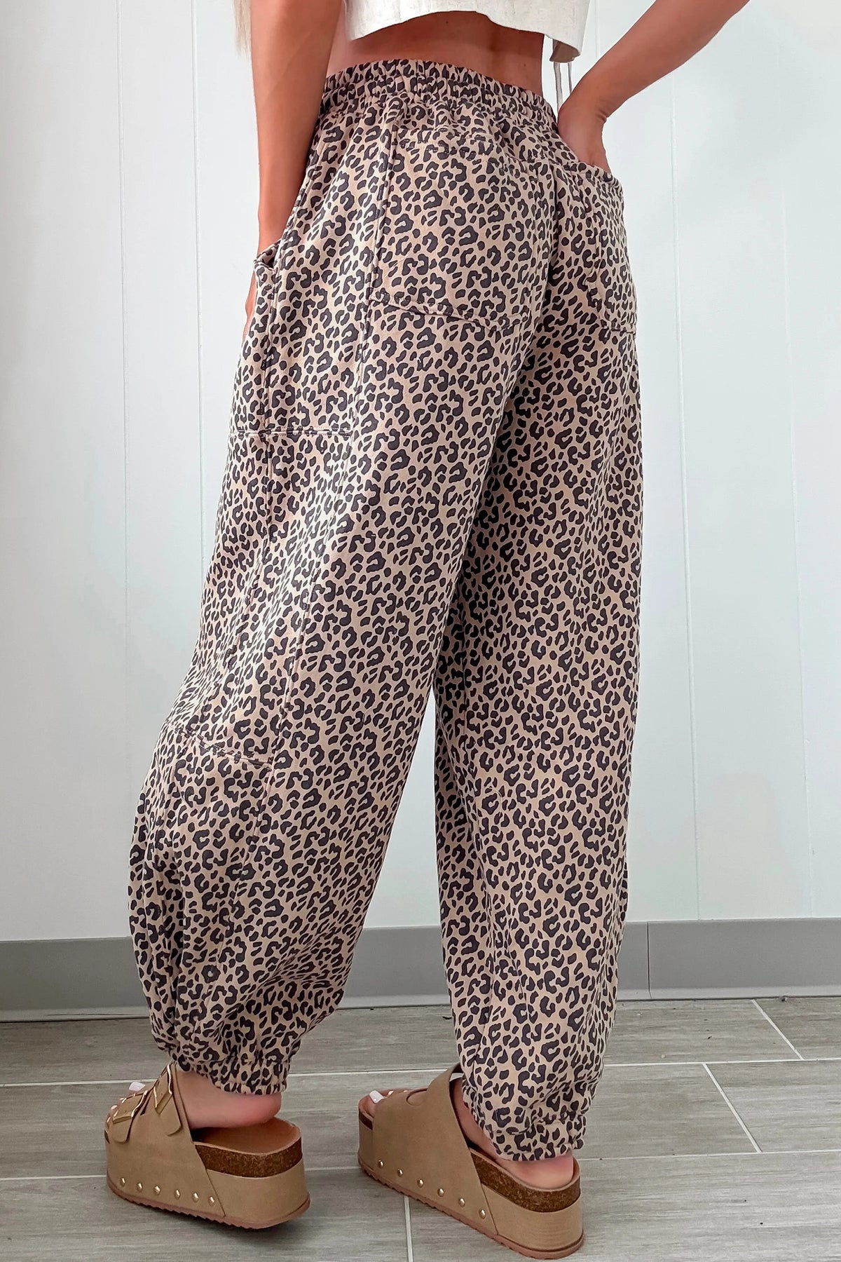 Khaki Leopard Print Elastic Waist Ankle Length Pants Dear-Lover Dropshipping