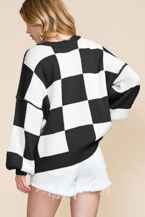 Black checkered bishop sleeve sweater in soft premium fabric for modern style
