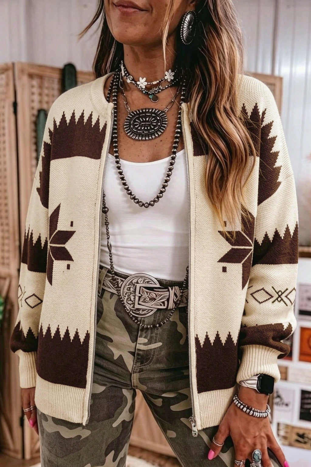 Beige Western Geometric Print Zip Front Loose Sweater Cardigan Dear-Lover Dropshipping