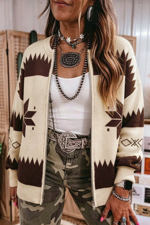 Beige Western Geometric Print Zip Front Loose Sweater Cardigan Dear-Lover Dropshipping