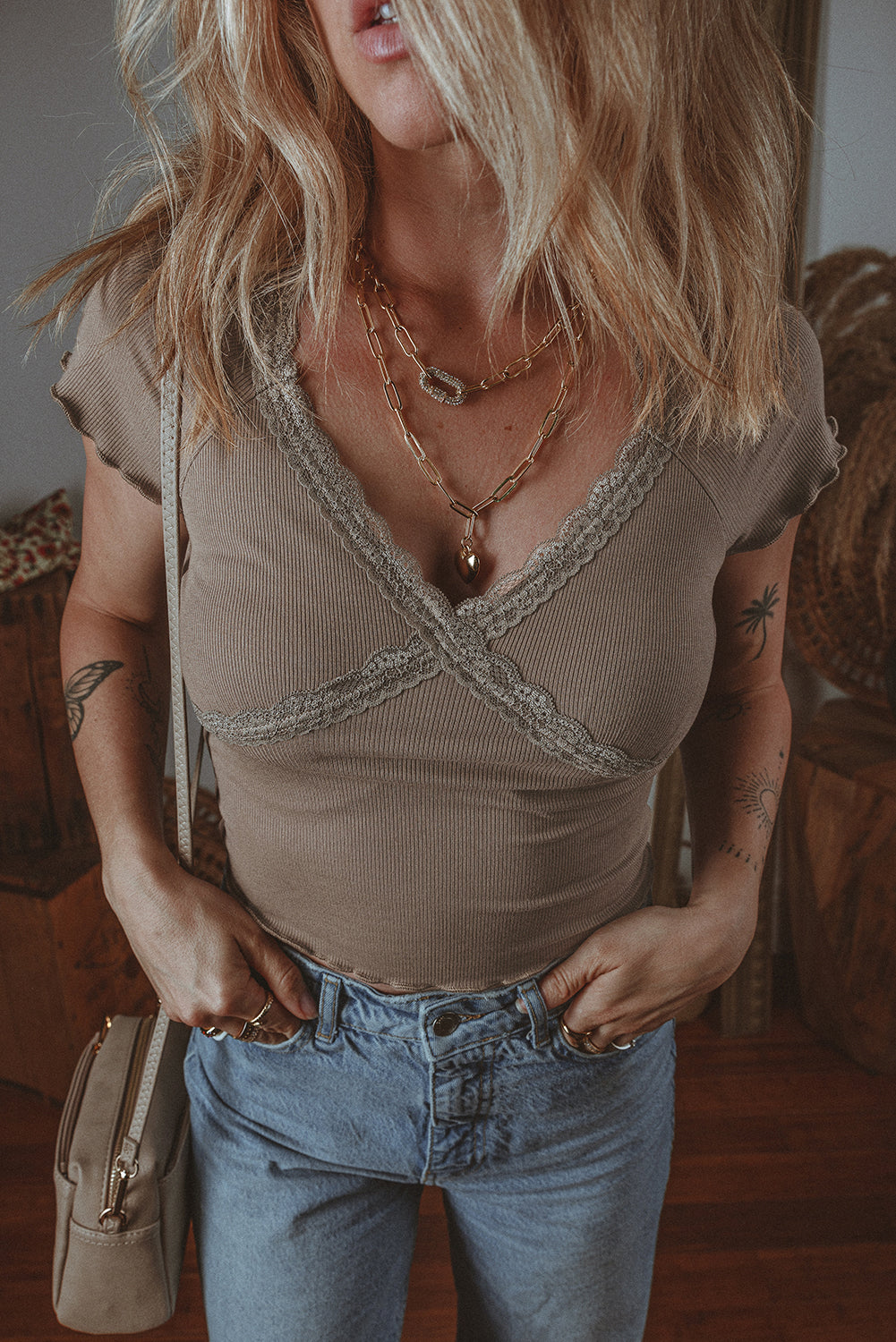 Brown Lace Trim Criss Cross V-Neck Top