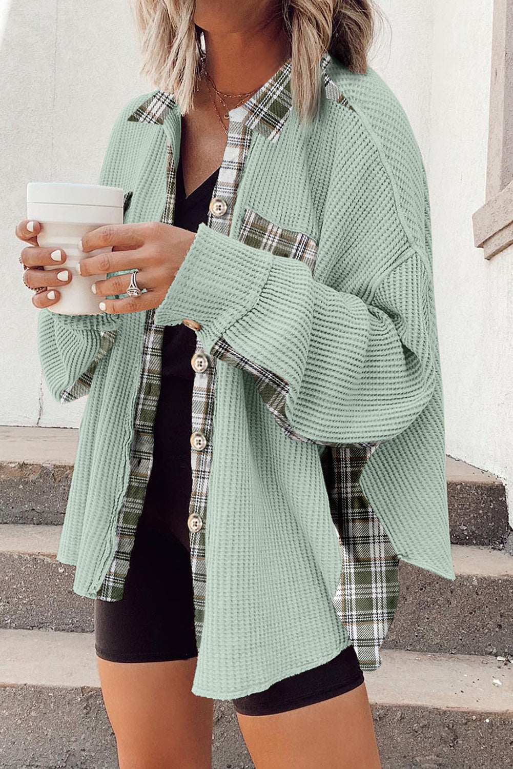 Grass Green Plaid Patchwork Waffle Thermal Knit Shacket Dear-Lover Dropshipping