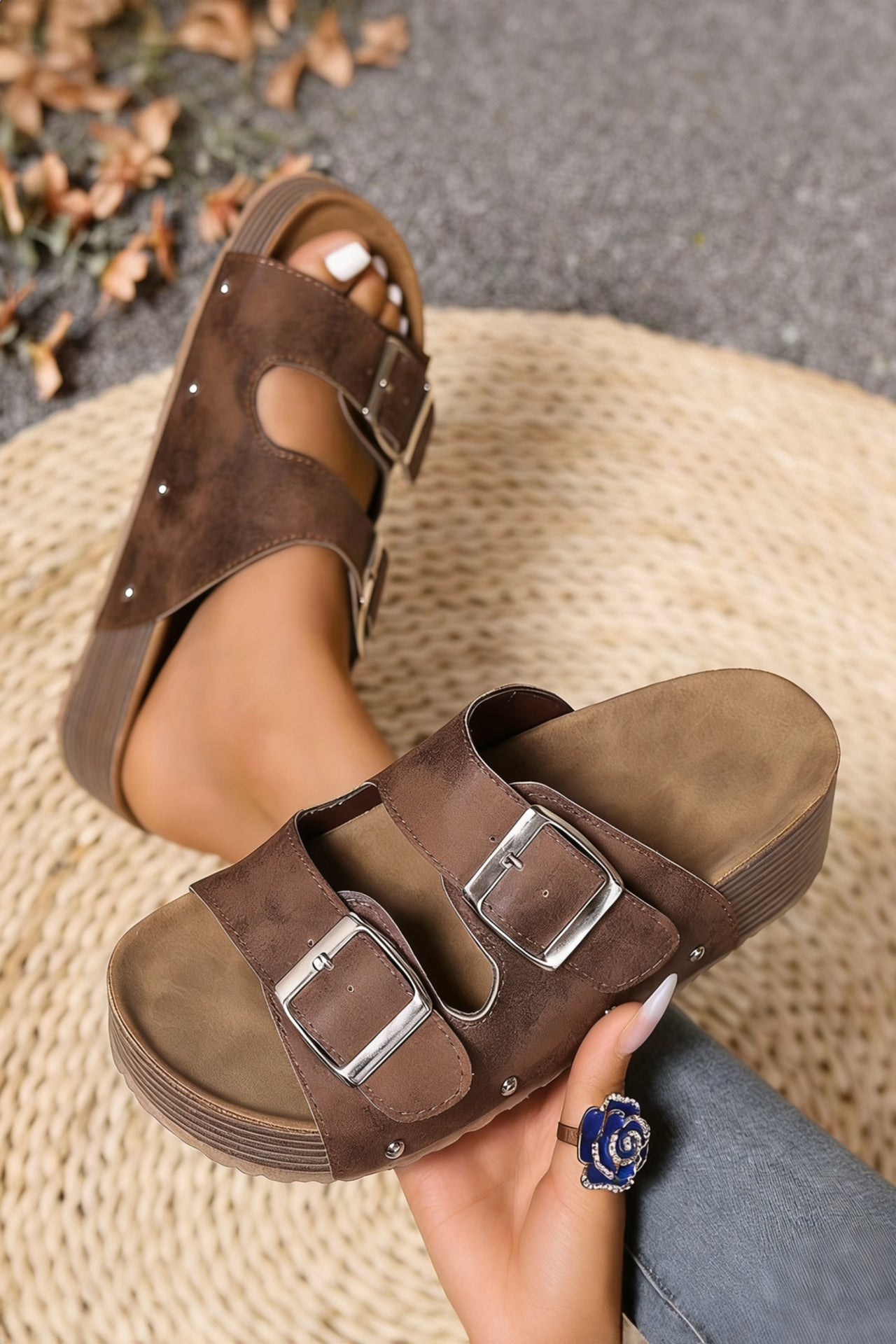 Grey Double Buckle Platform Slippers