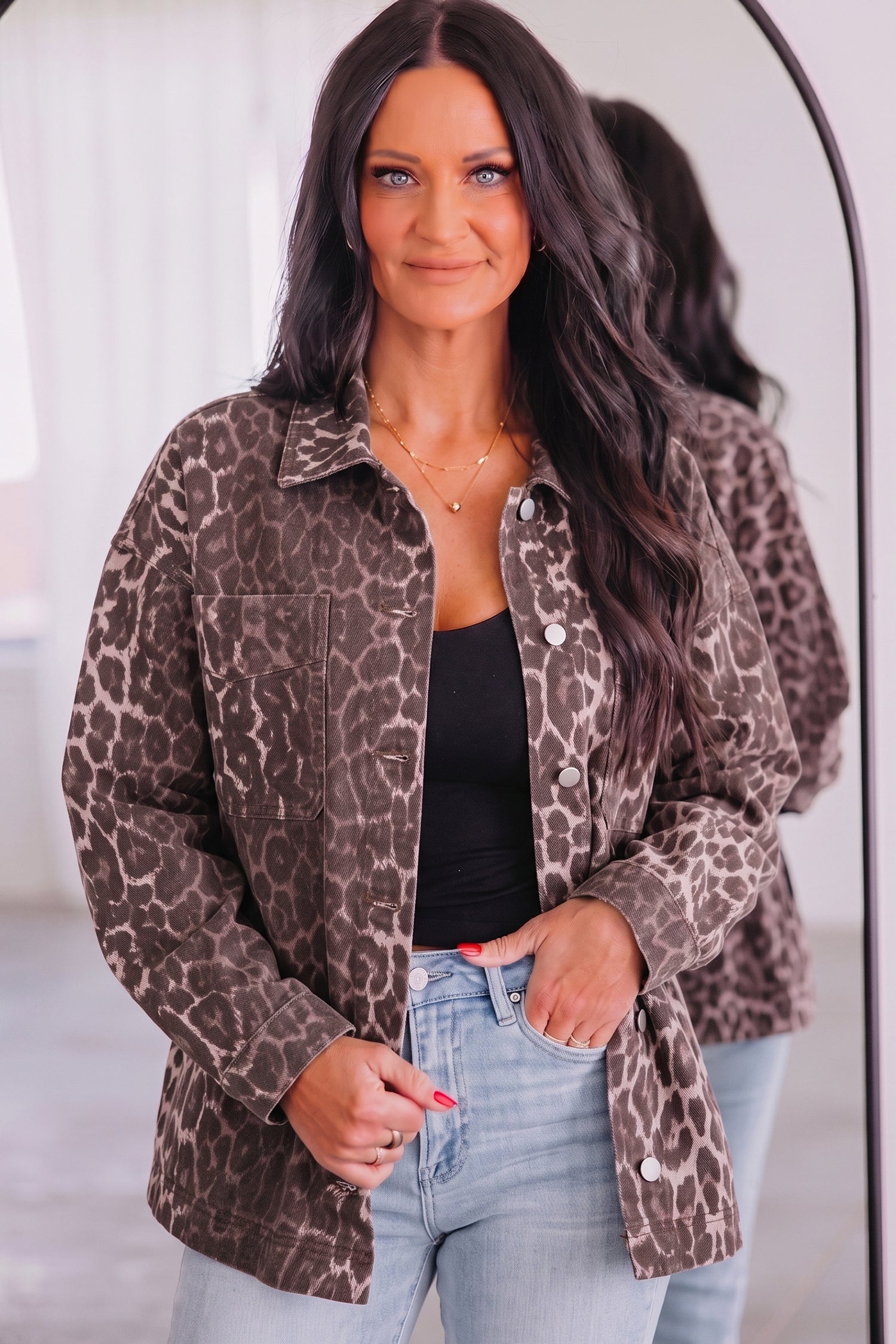 Khaki Oversized Leopard Print Long Sleeve Patch Pocket Denim Jacket Dear-Lover Dropshipping