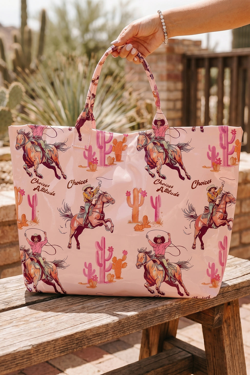 Pink cowboy vinyl tote, alternate view