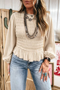 Jet Stream Solid Color Smocked Ruffle Hem Long Sleeve Blouse Dear-Lover Dropshipping