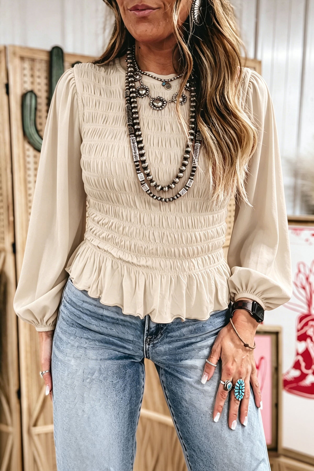 Jet Stream Solid Color Smocked Ruffle Hem Long Sleeve Blouse Dear-Lover Dropshipping