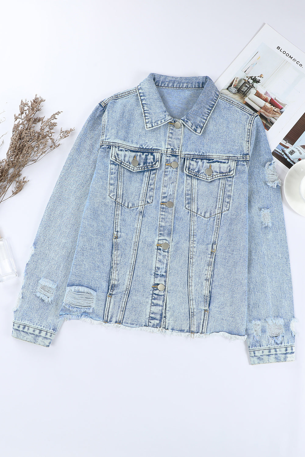 Sky blue distressed denim jacket, view 5