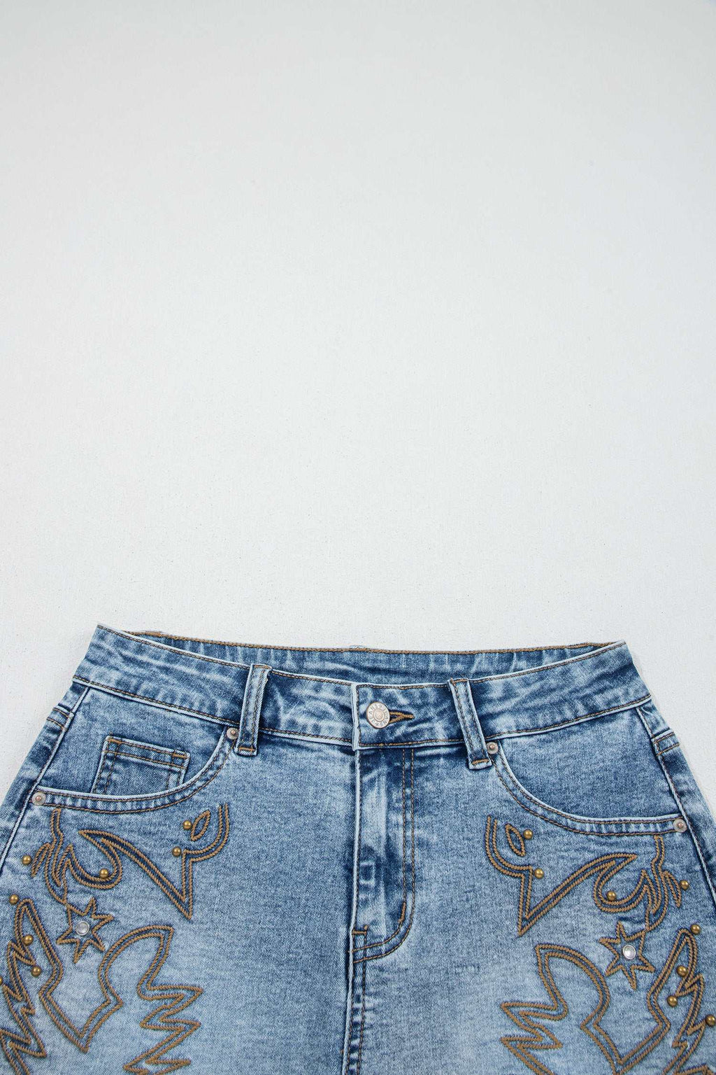 Dusk blue embroidered denim shorts, view 5