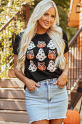 Women's black crew neck tee with Halloween ghost and pumpkin print