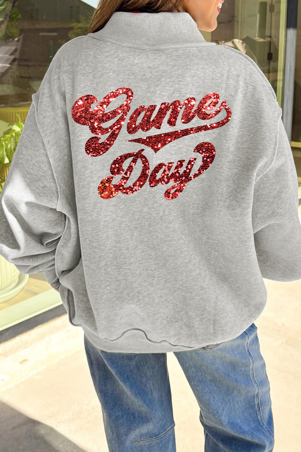 Grey sequin game day sweatshirt, alternate view