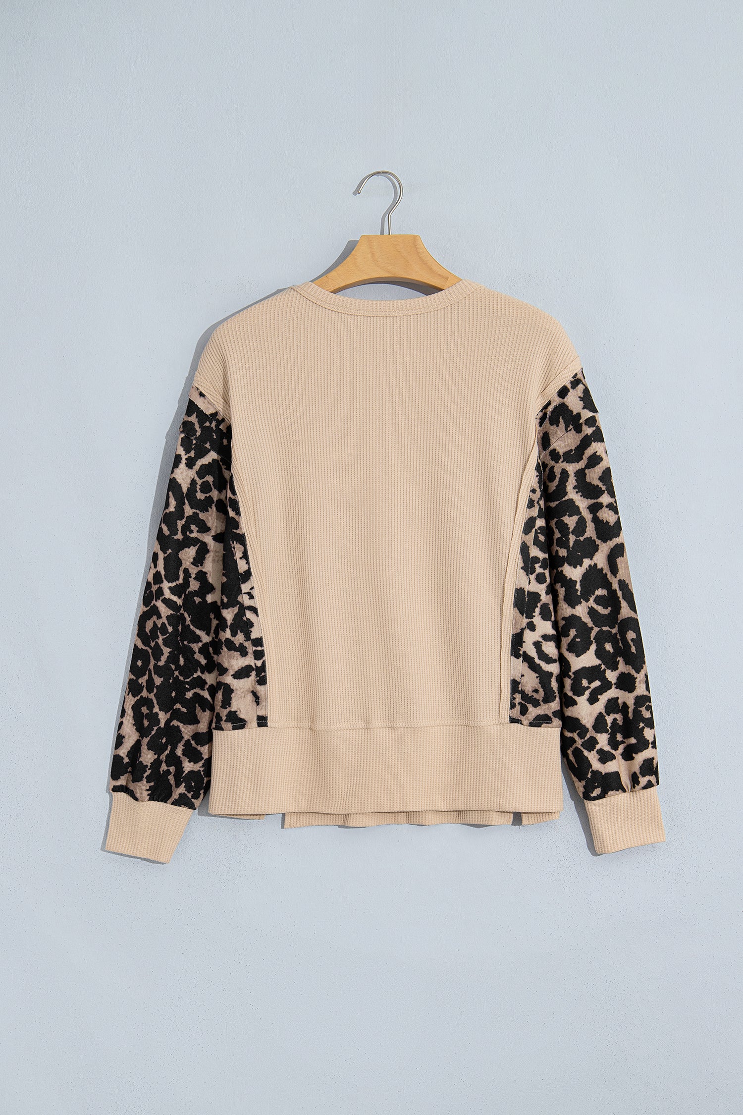 Gray Morn Leopard Sleeve Waffle Knit Split Hem Top