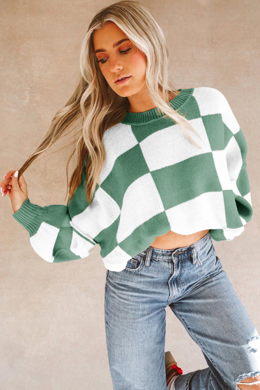 Black checkered bishop sleeve sweater in soft premium fabric