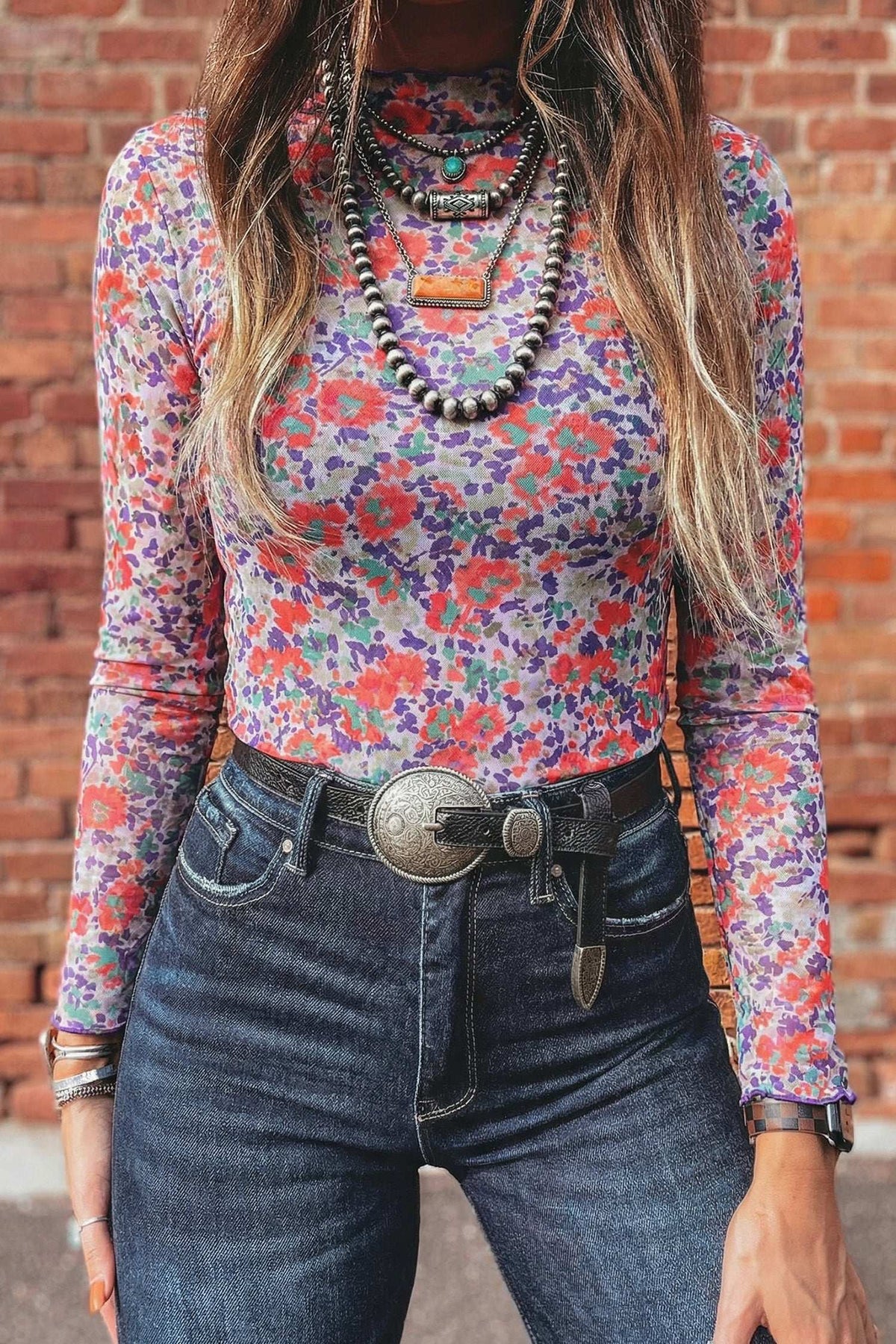 Smoke gray floral mesh top, view 10