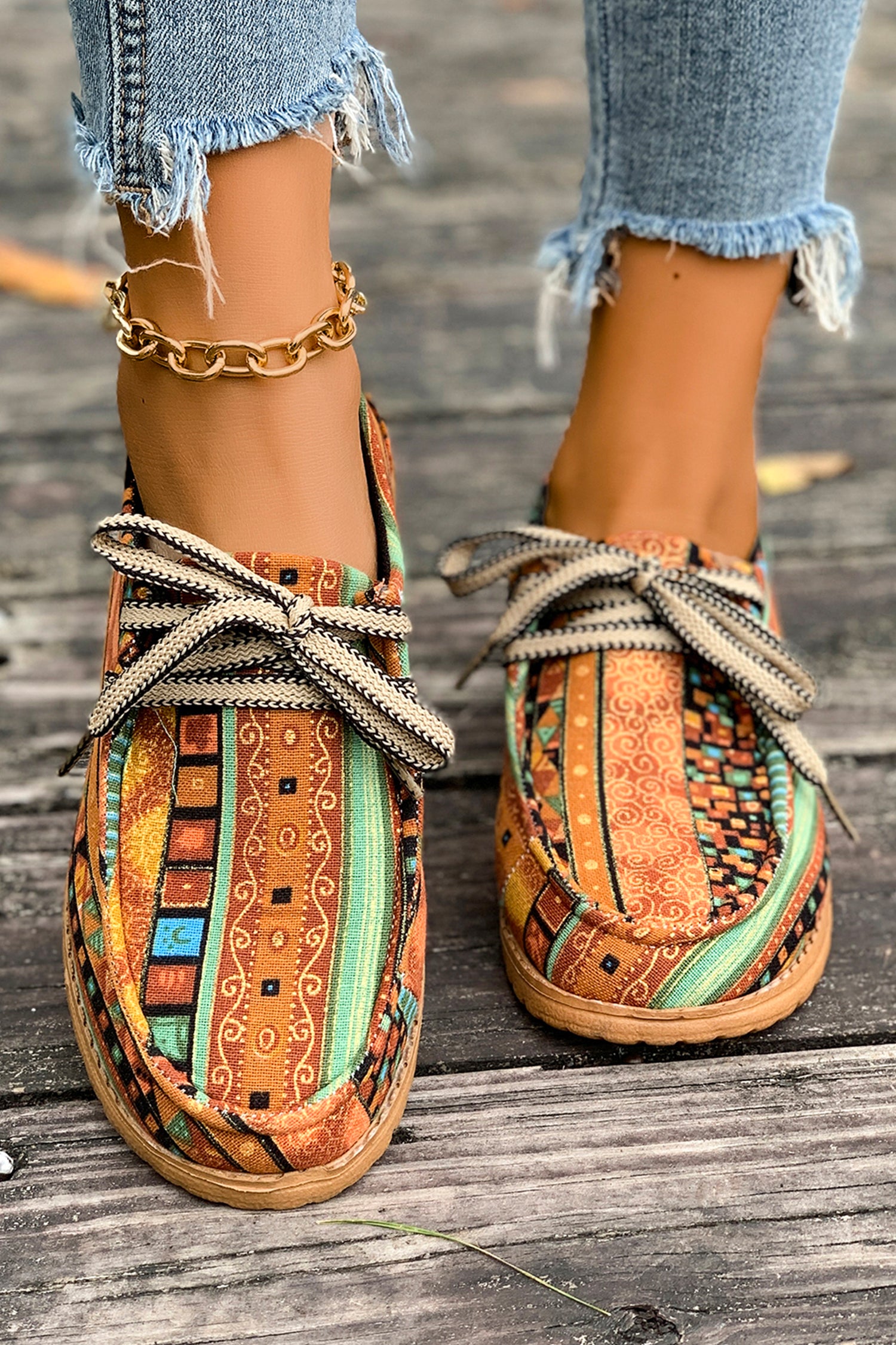 Mustard Ethnic Artistic Print Lace-up Detail Comfort Loafer Shoes