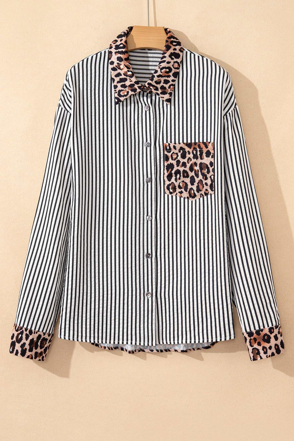 Button-up shirt with black and white vertical stripes, leopard print collar, cuffs, and chest pocket in a Racing Red patchwork style.