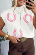 Women's white short sleeve knit sweater with corded horseshoes and mock neck