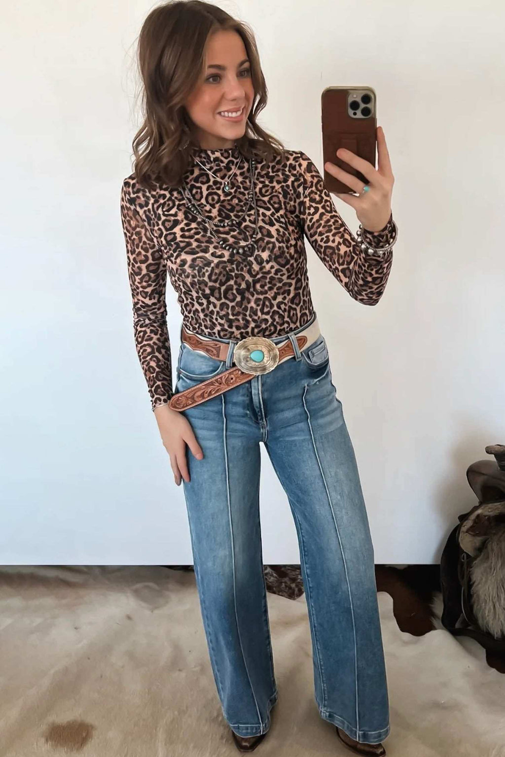 Khaki leopard high neck top, view 3