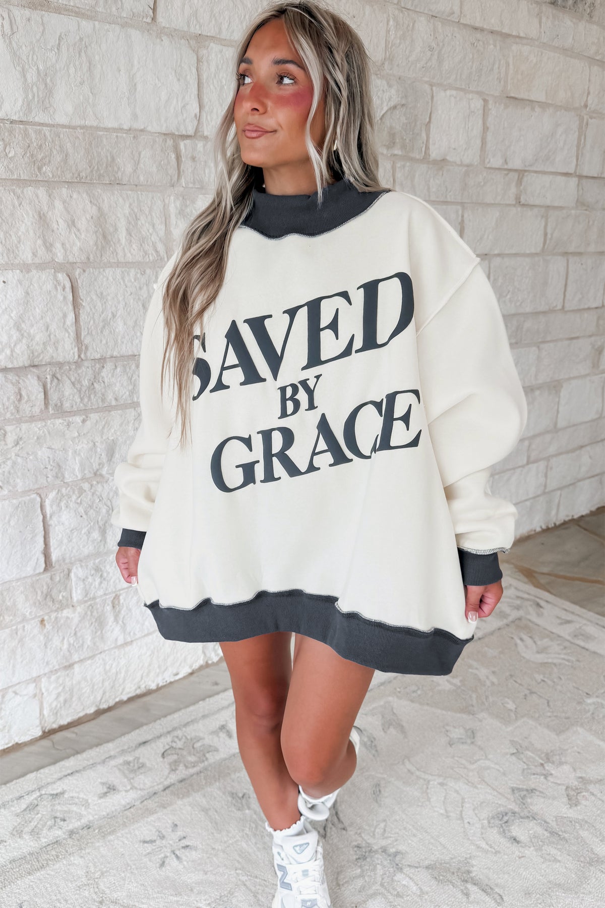 Beige Saved By Grace Print Color Block Mock Neck Oversized Sweatshirt Dear-Lover Dropshipping