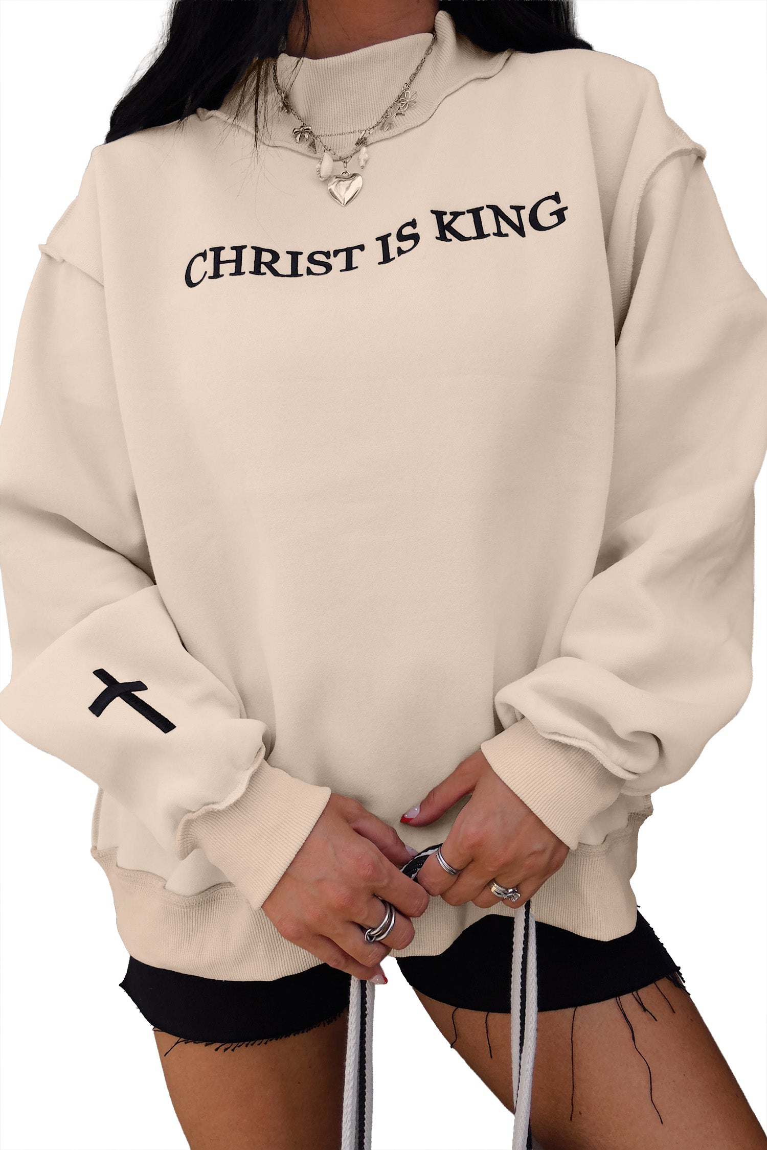 Original flat studio view of the Beige CHRIST IS KING Embroidery High Neck Baggy Sweatshirt