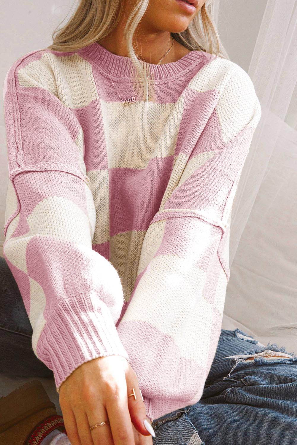 Black checkered bishop sleeve sweater, view 9