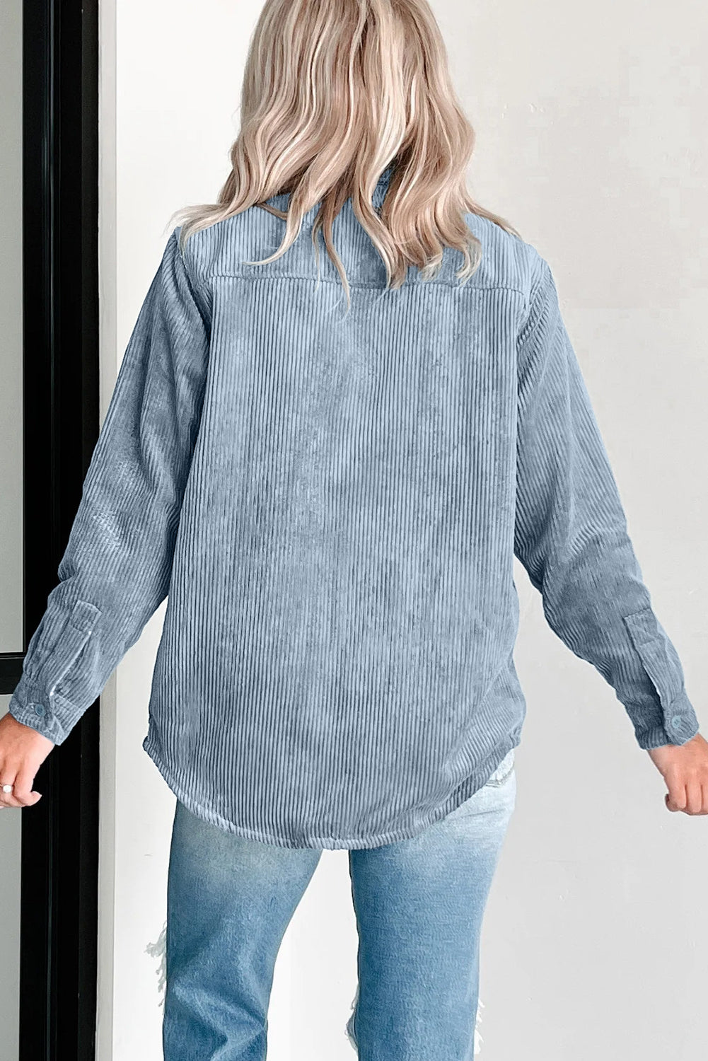 Stone Blue Plaid Corduroy Reversible Button Up Shacket Dear-Lover Dropshipping