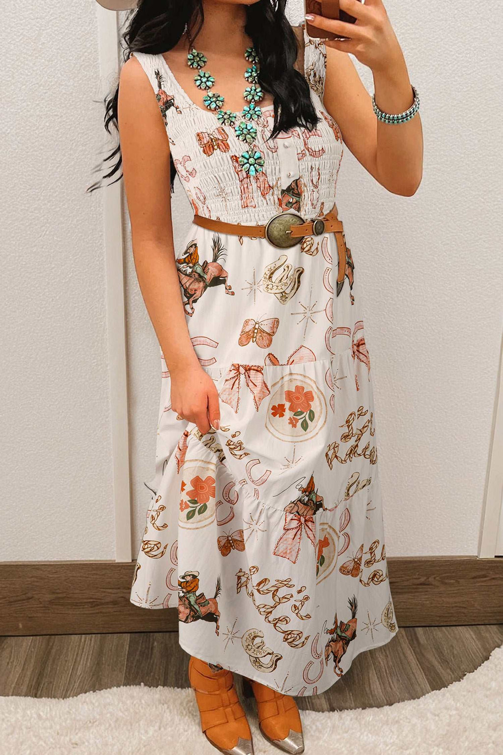 Women's white sleeveless A-line midi dress with western horseshoe print