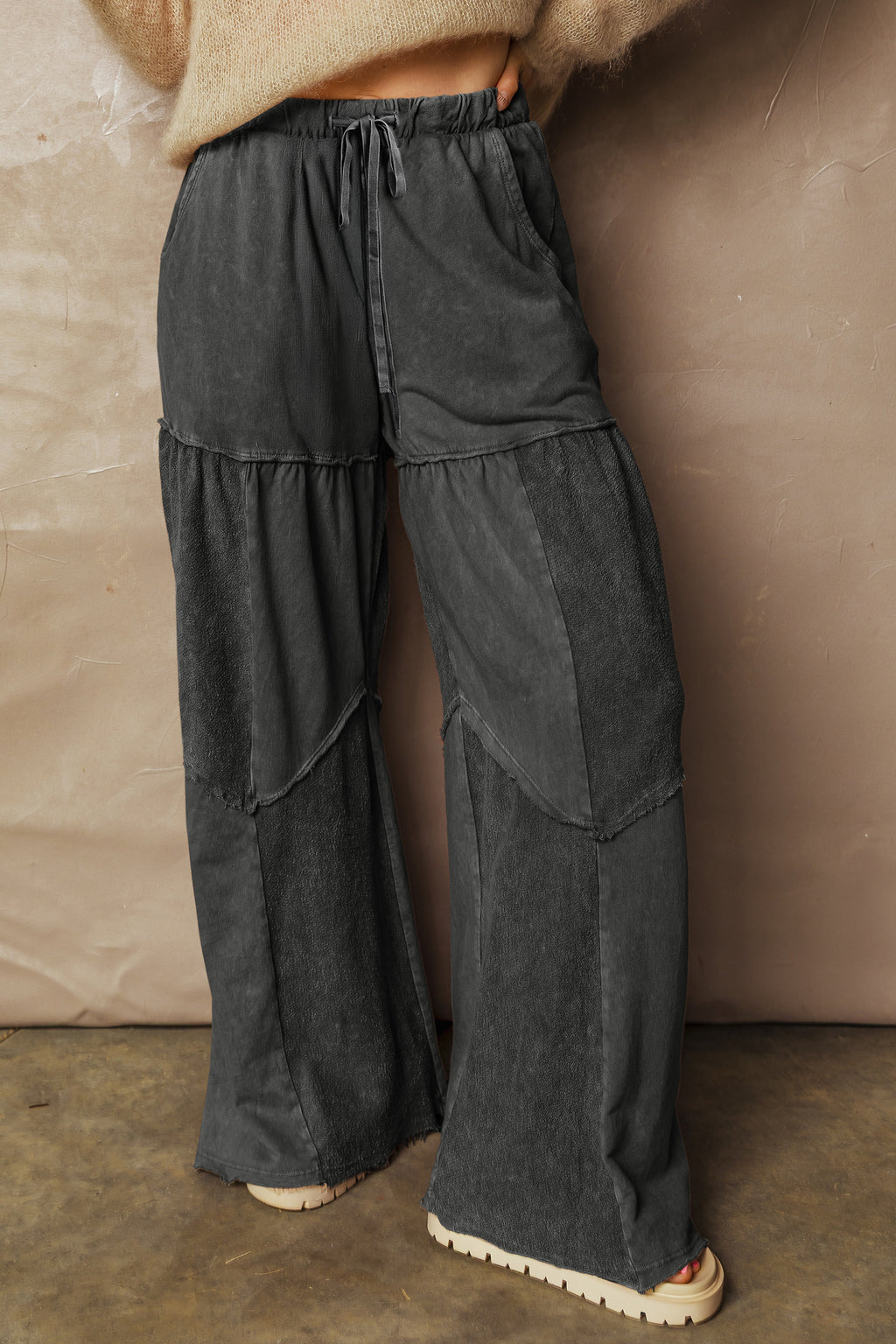 Black tiered wide leg pants, view 5