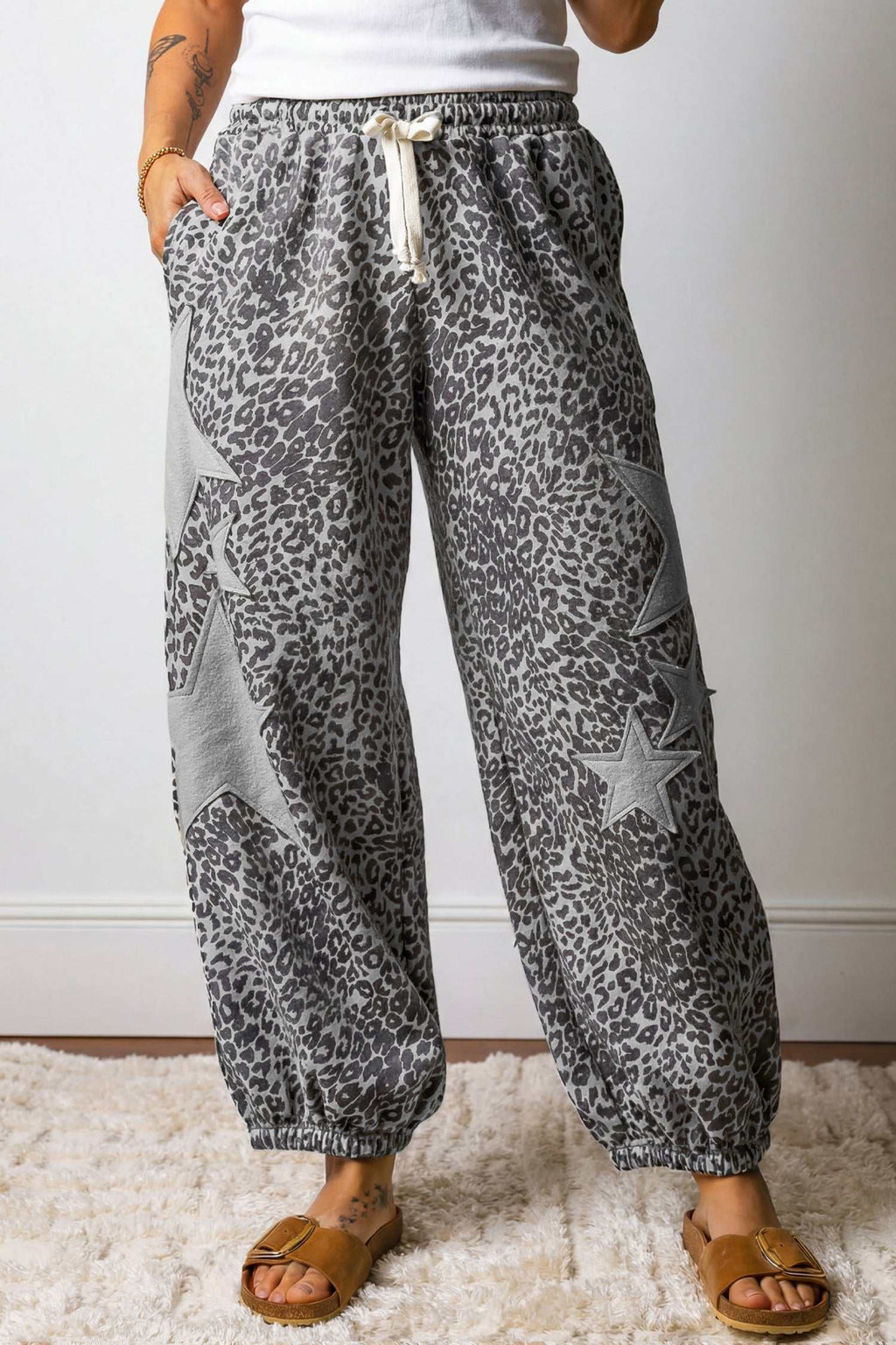Khaki leopard star joggers, view 4