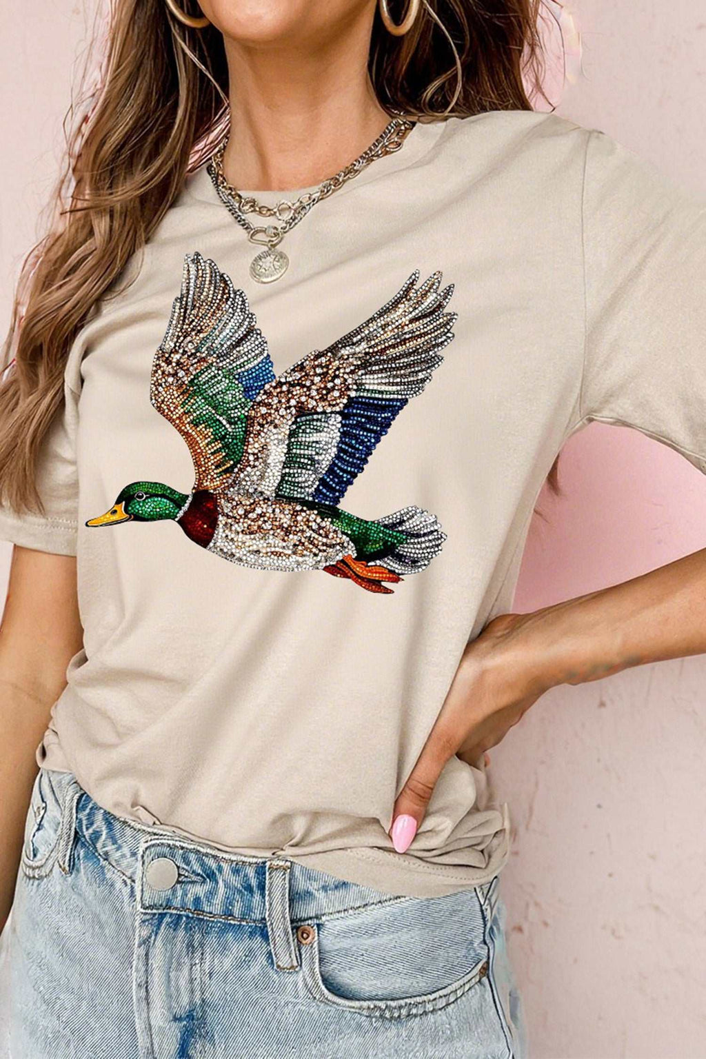 Women's khaki crew neck tee with flying mallard print