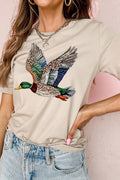 Women's khaki crew neck tee with flying mallard print