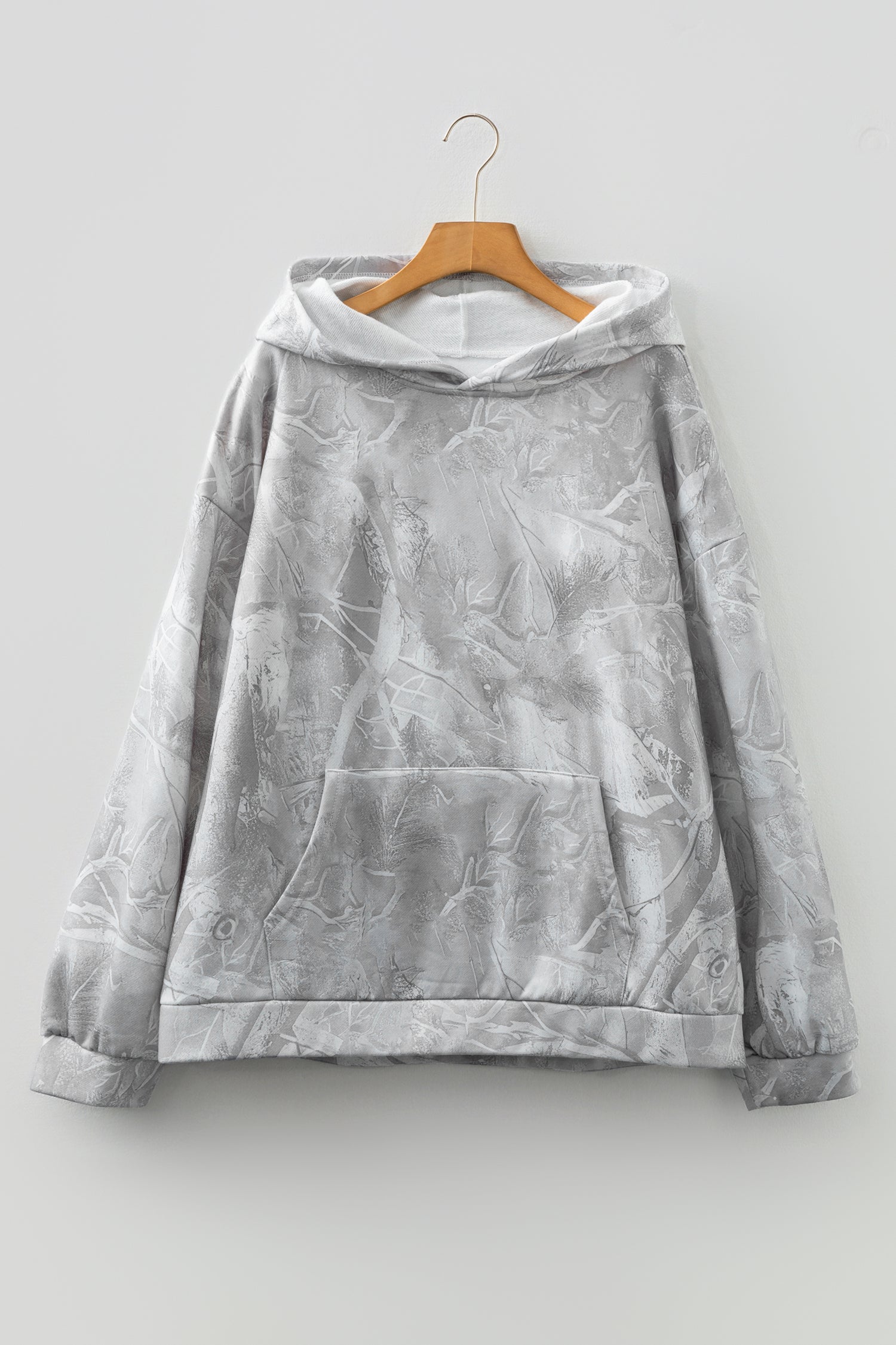 Gray plus size oversized camouflage woodland print sporty hoodie with roomy pocket