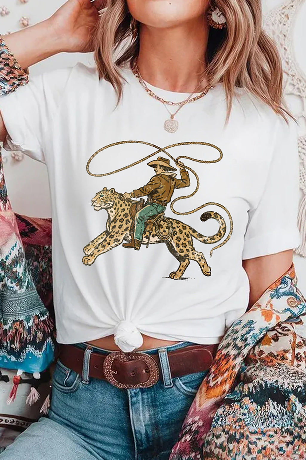 White leopard rodeo cowboy tee, alternate view