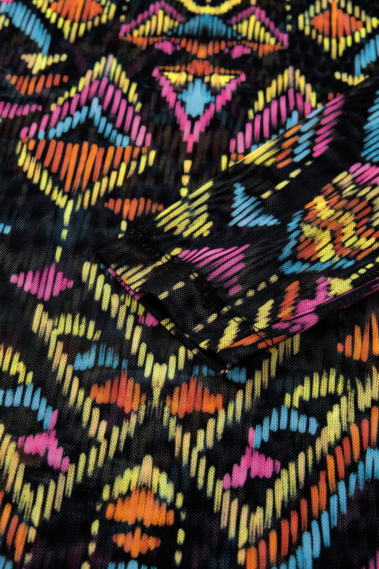 Black Abstract Print Stand Neck Mesh Top