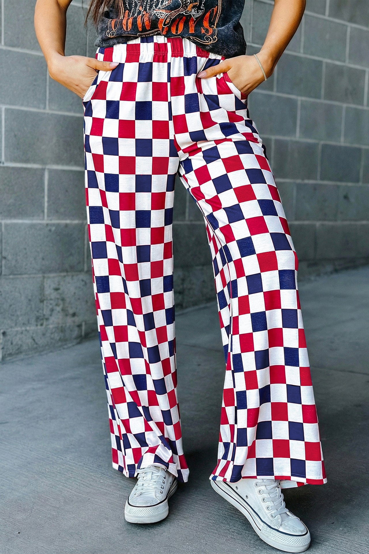 Bonbon 2-Tone Checked Print High Waist Wide Leg Pants