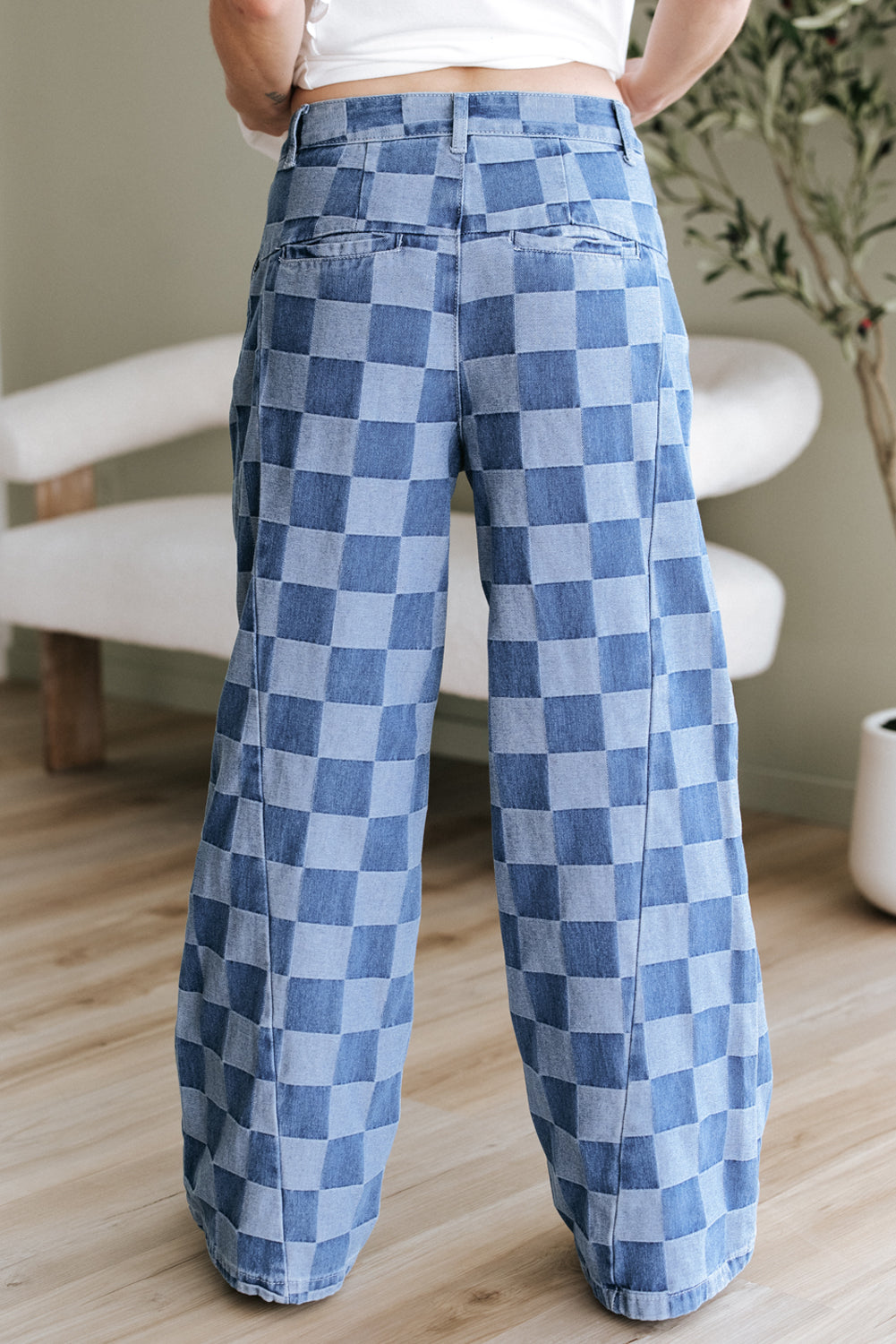 Grey checkered wide leg jeans, view 6