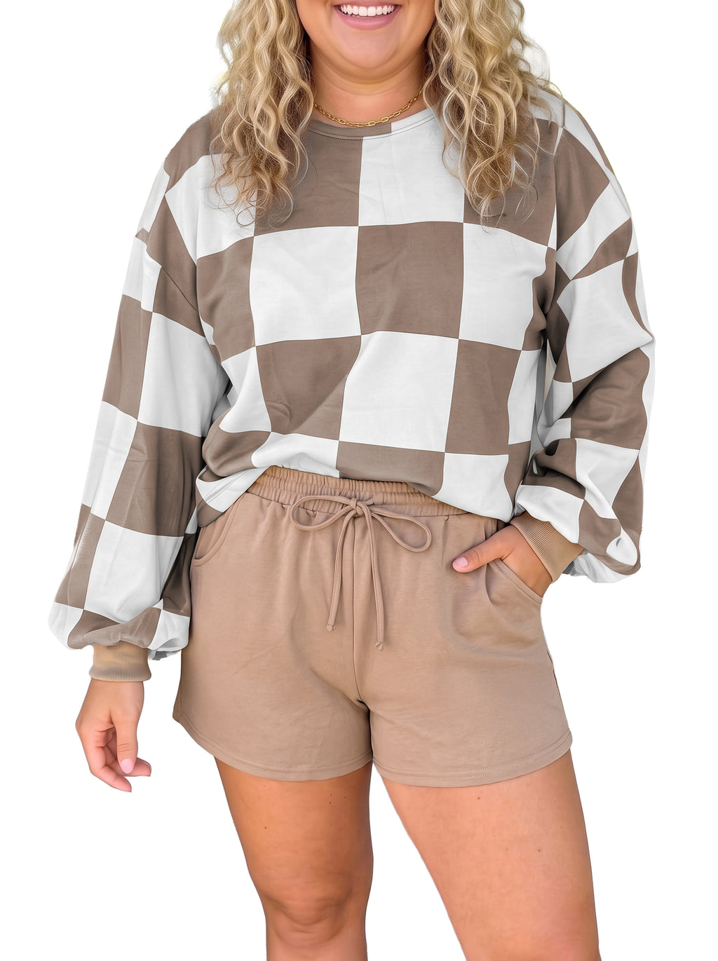 Khaki checkered plus size set, view 15