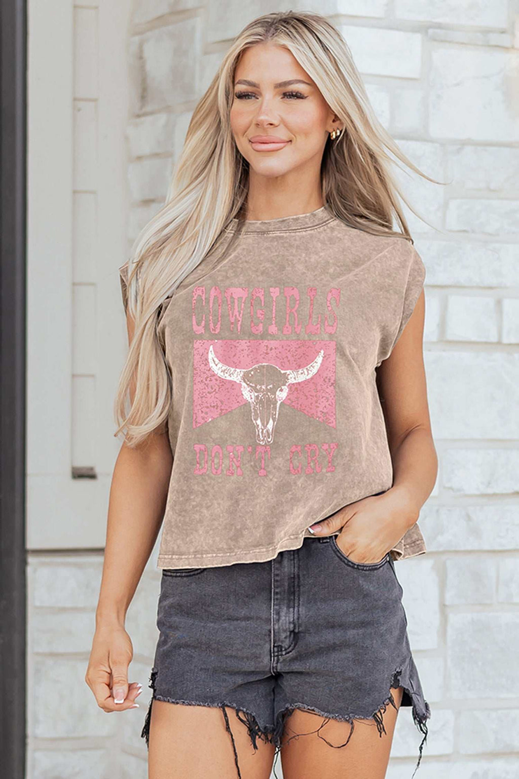 Cowboys & Beer mineral wash tank top in faded brown with sleeveless cut and pink western graphic skull and text, casual summer wear.