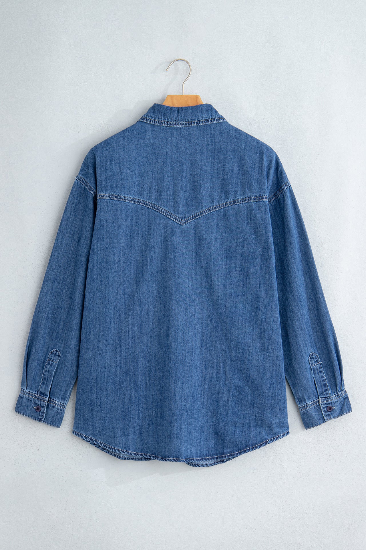 Sail Blue Western Patch Pockets Tunic Length Long Sleeve Denim Shirt