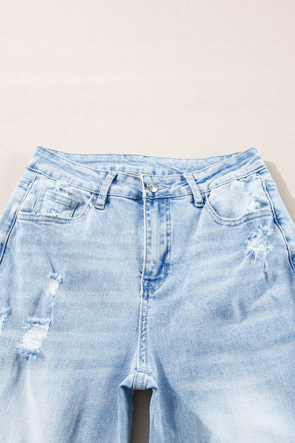 Light wash distressed jeans, view 7